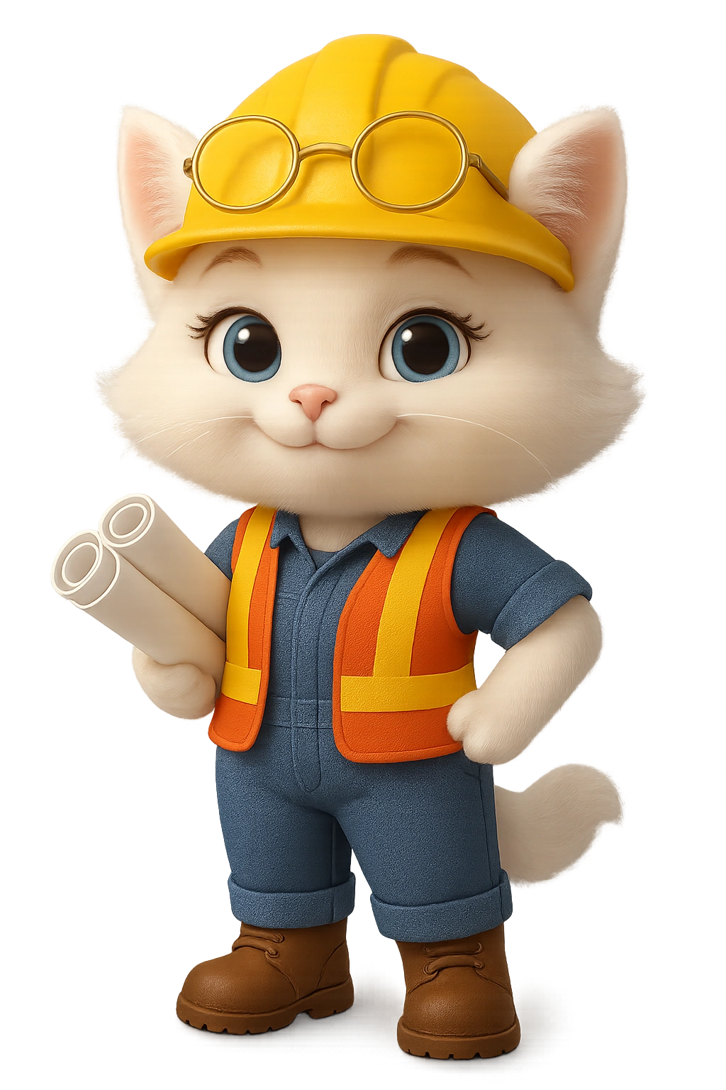 Architect Cat with her hard hat and bridge plans