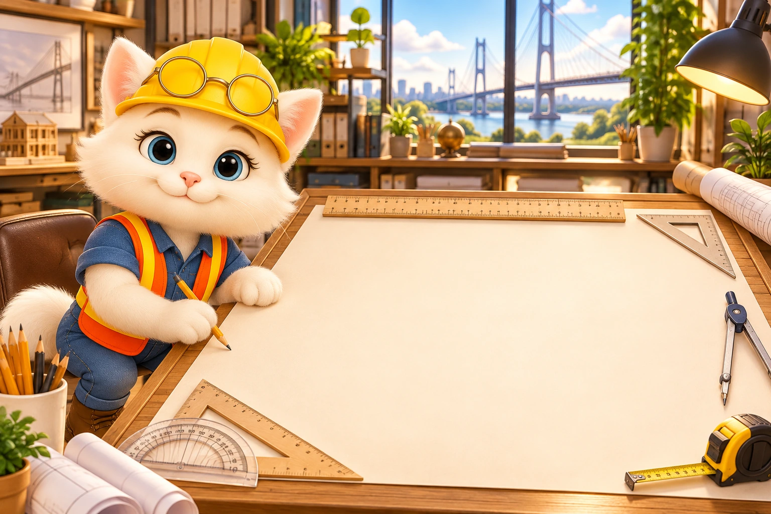 Cat drawing in her office, with rulers and measuring tools around a large sheet