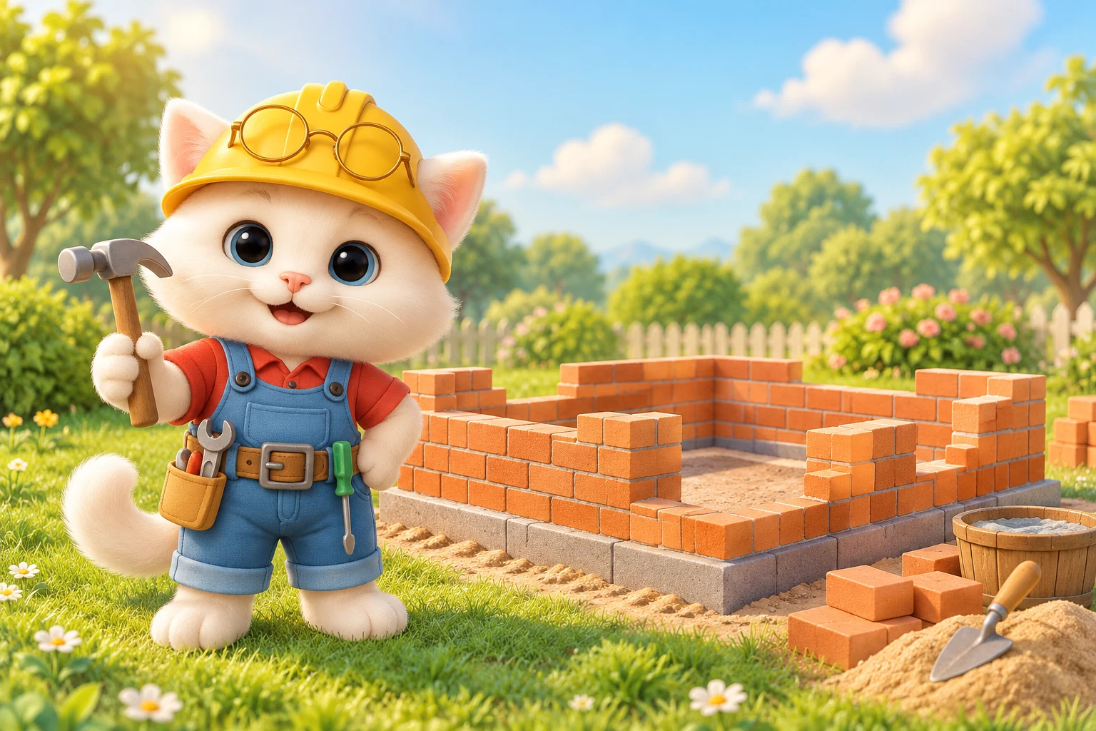 Builder Cat beside a house under construction