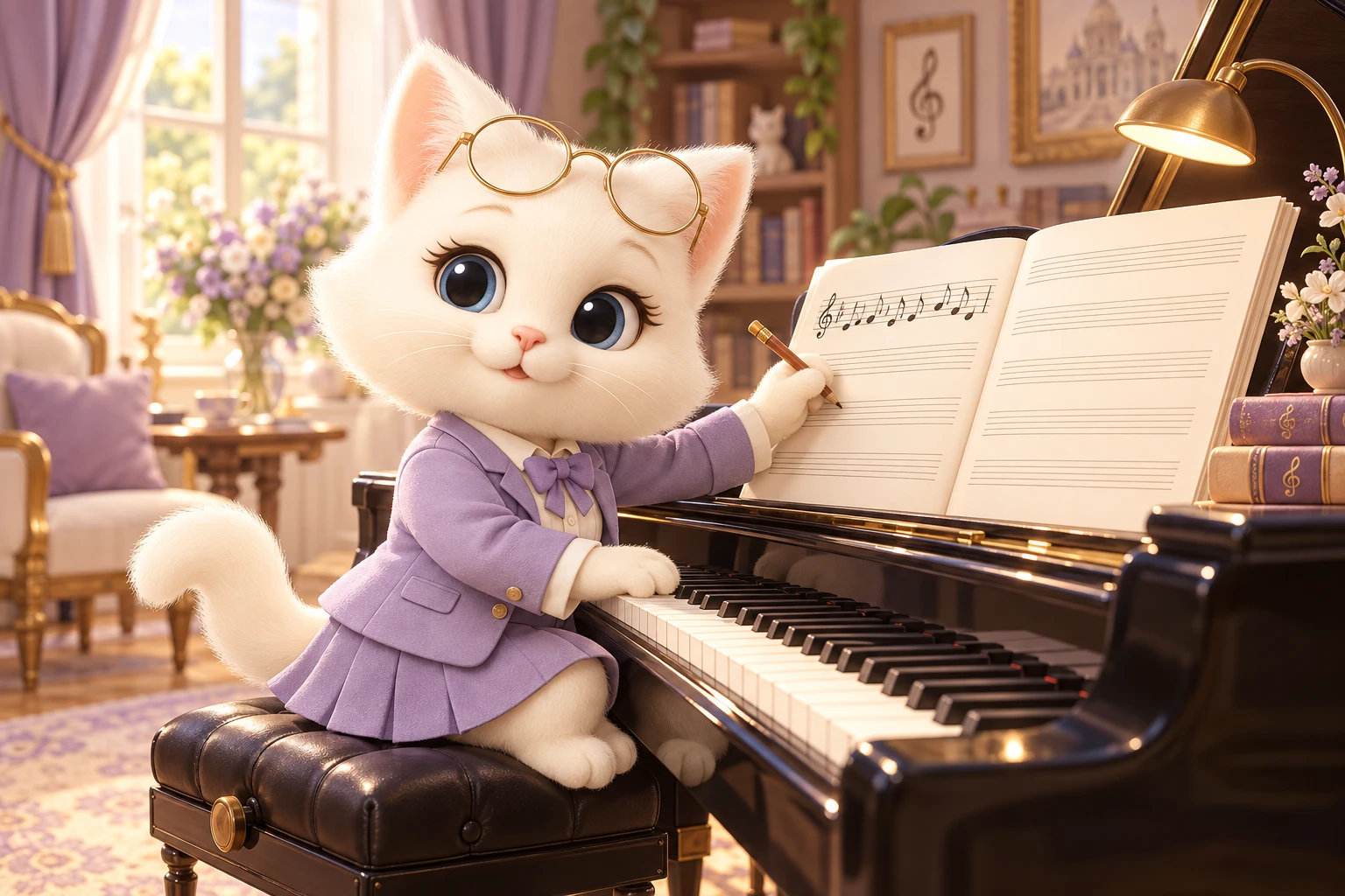 Composer Cat playing piano with her left paw and writing music with her right paw