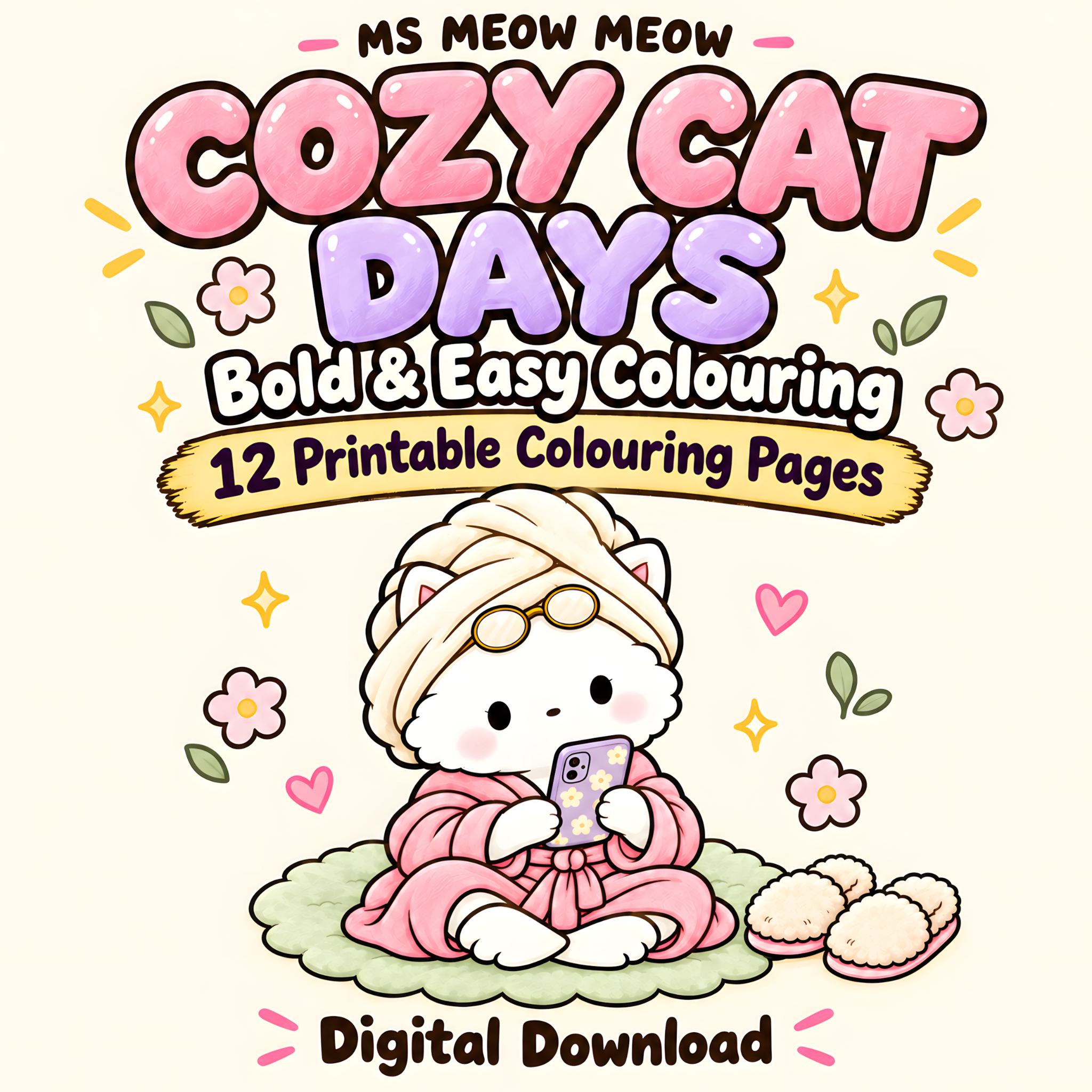 Cozy Cat Days cover: Bold and Easy Colouring, 12 Printable Colouring Pages, Digital Download
