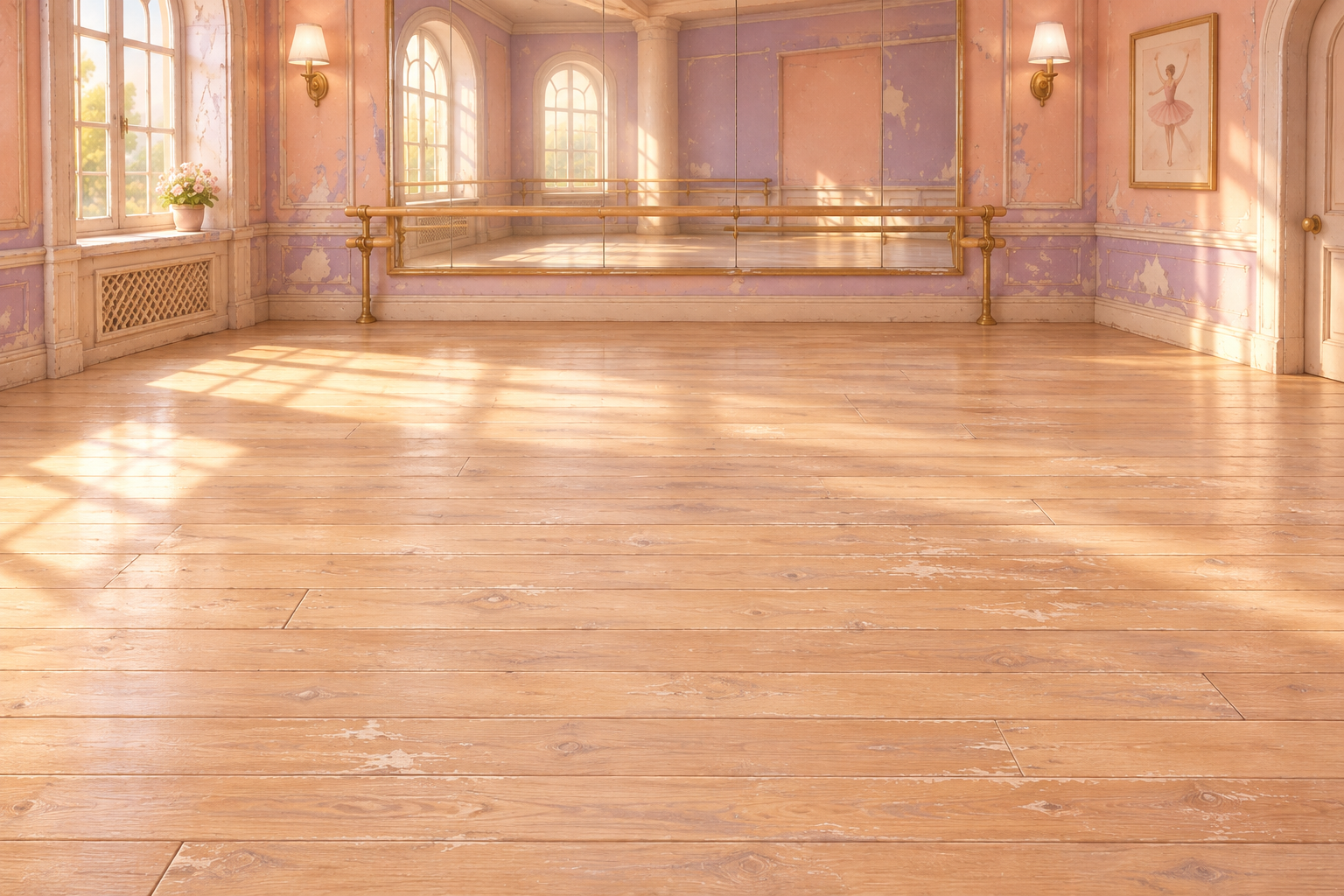 A worn ballet studio with a wooden floor