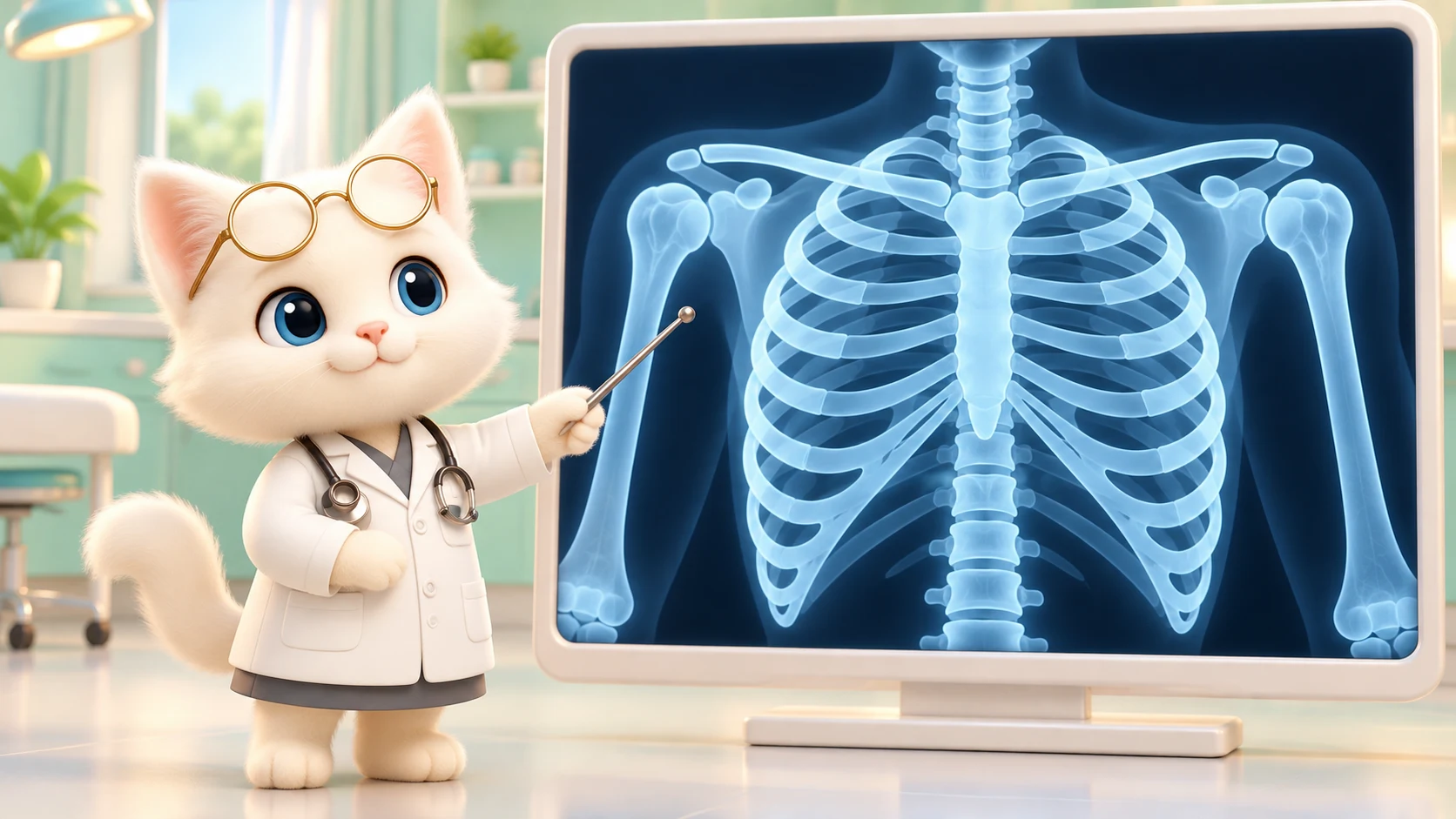 Doctor Cat looking at an X-ray monitor showing a cartoon skeleton