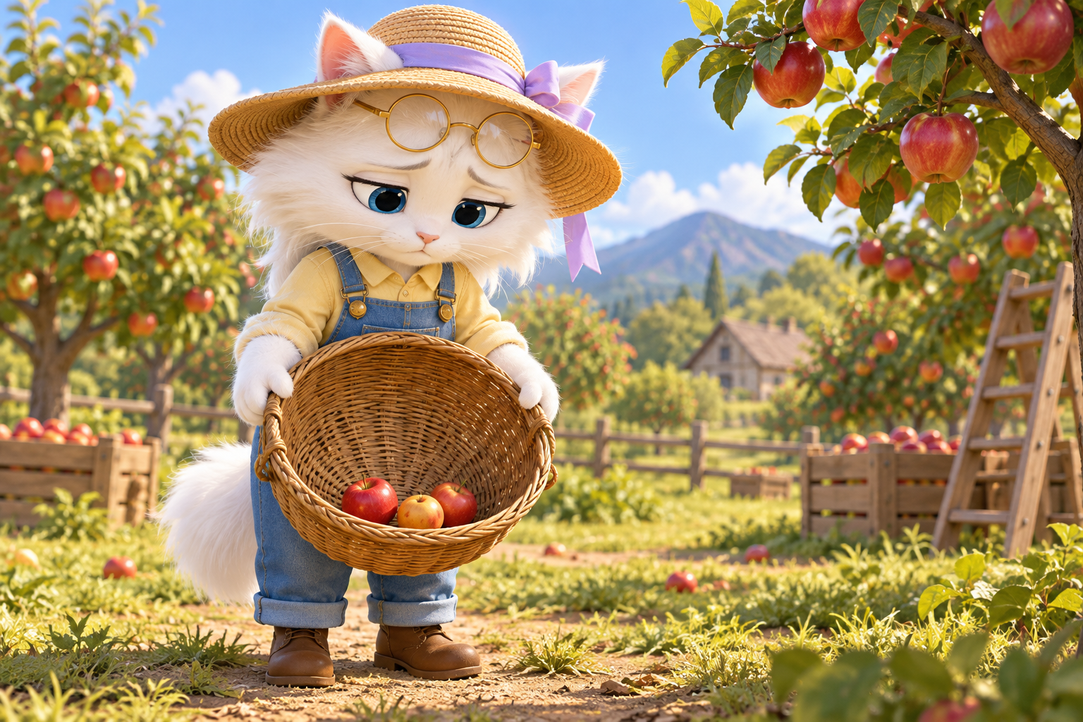 Sad Farmer Cat holding a basket with only a few fruits