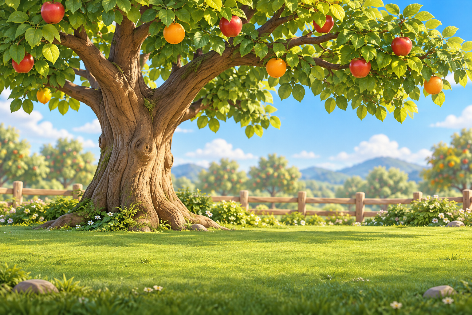 A large fruit tree in a sunny orchard