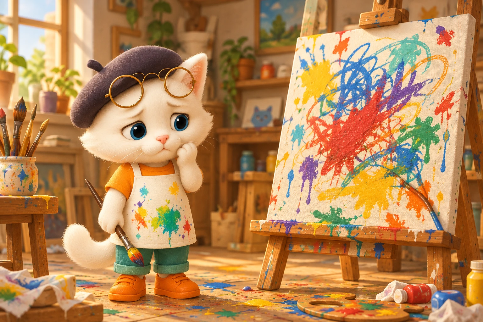 Painter Cat sad standing beside a messy painting