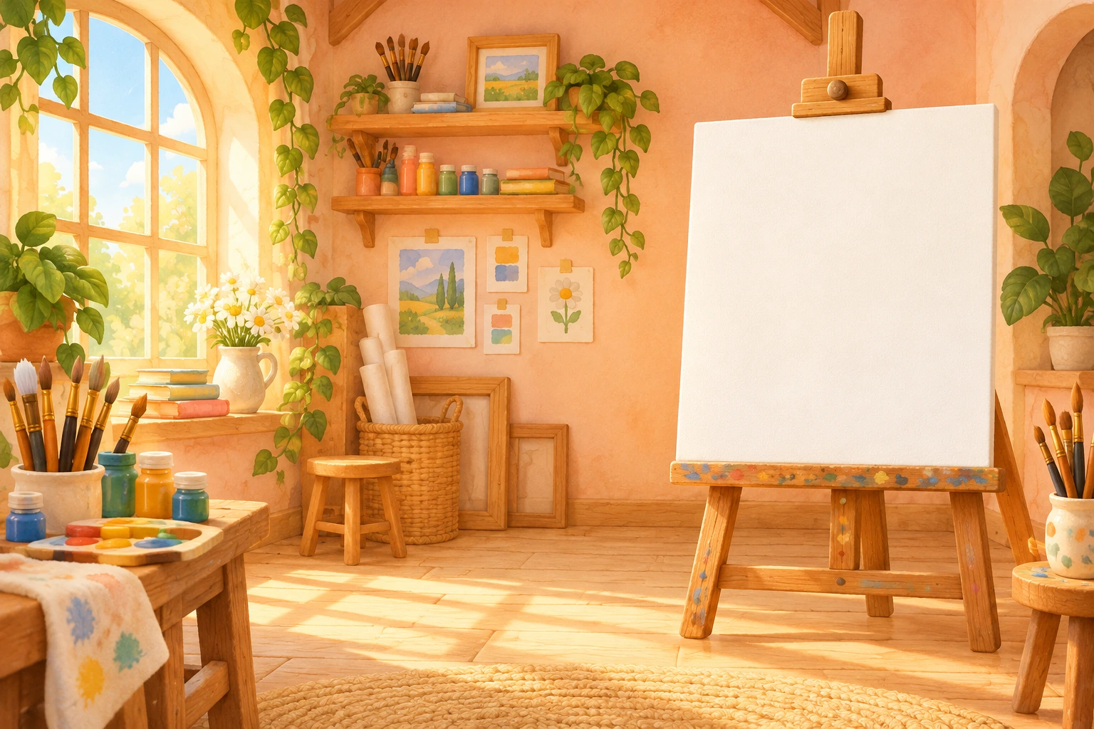 A cosy art studio with a tall easel