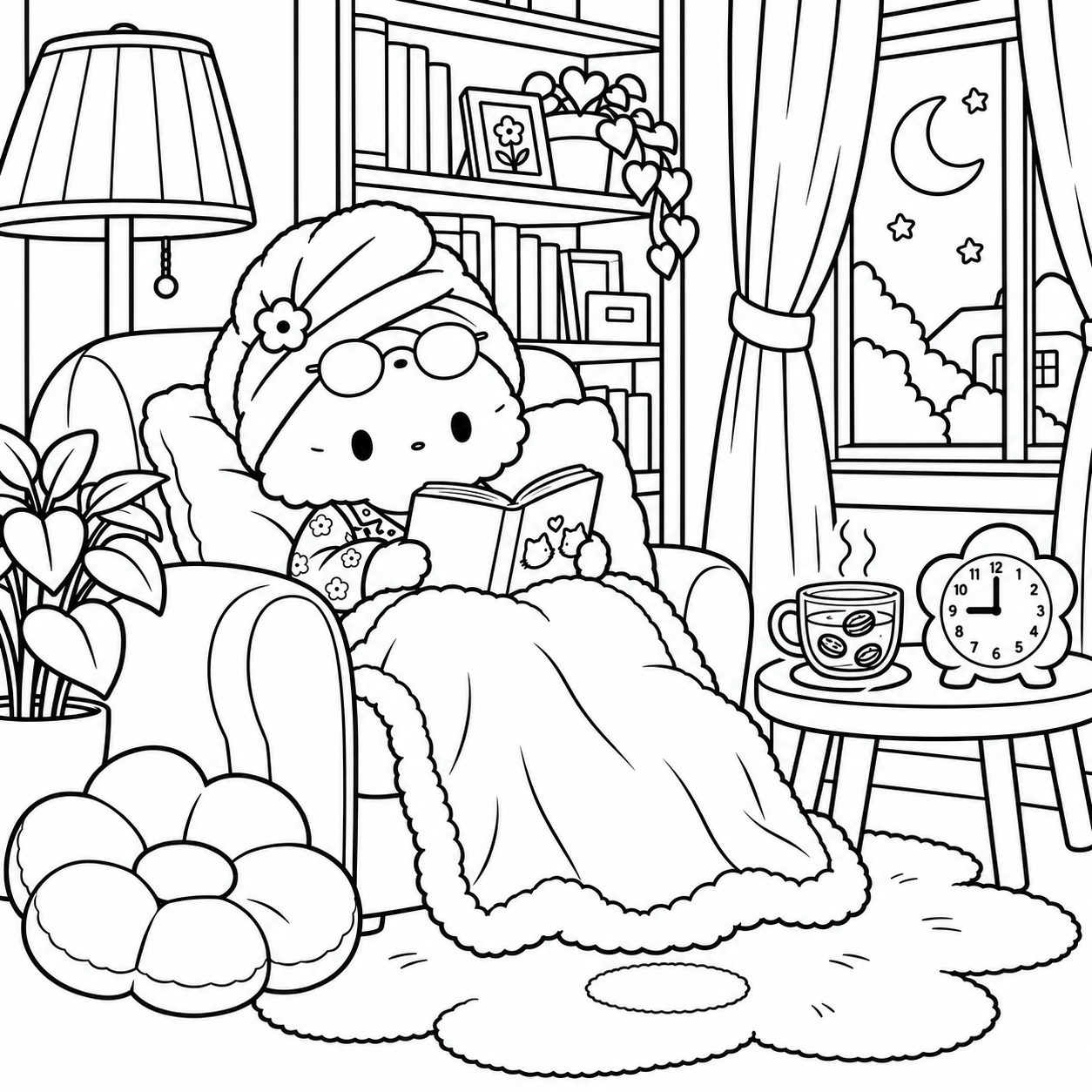 Cozy Cat Days colouring preview: cozy corner reading