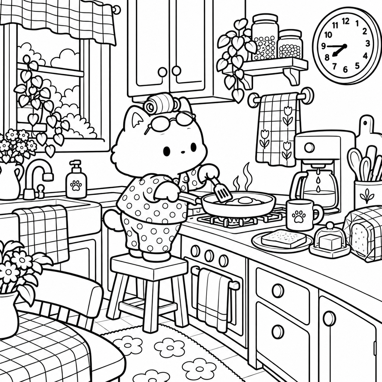 Cozy Cat Days colouring preview: making breakfast