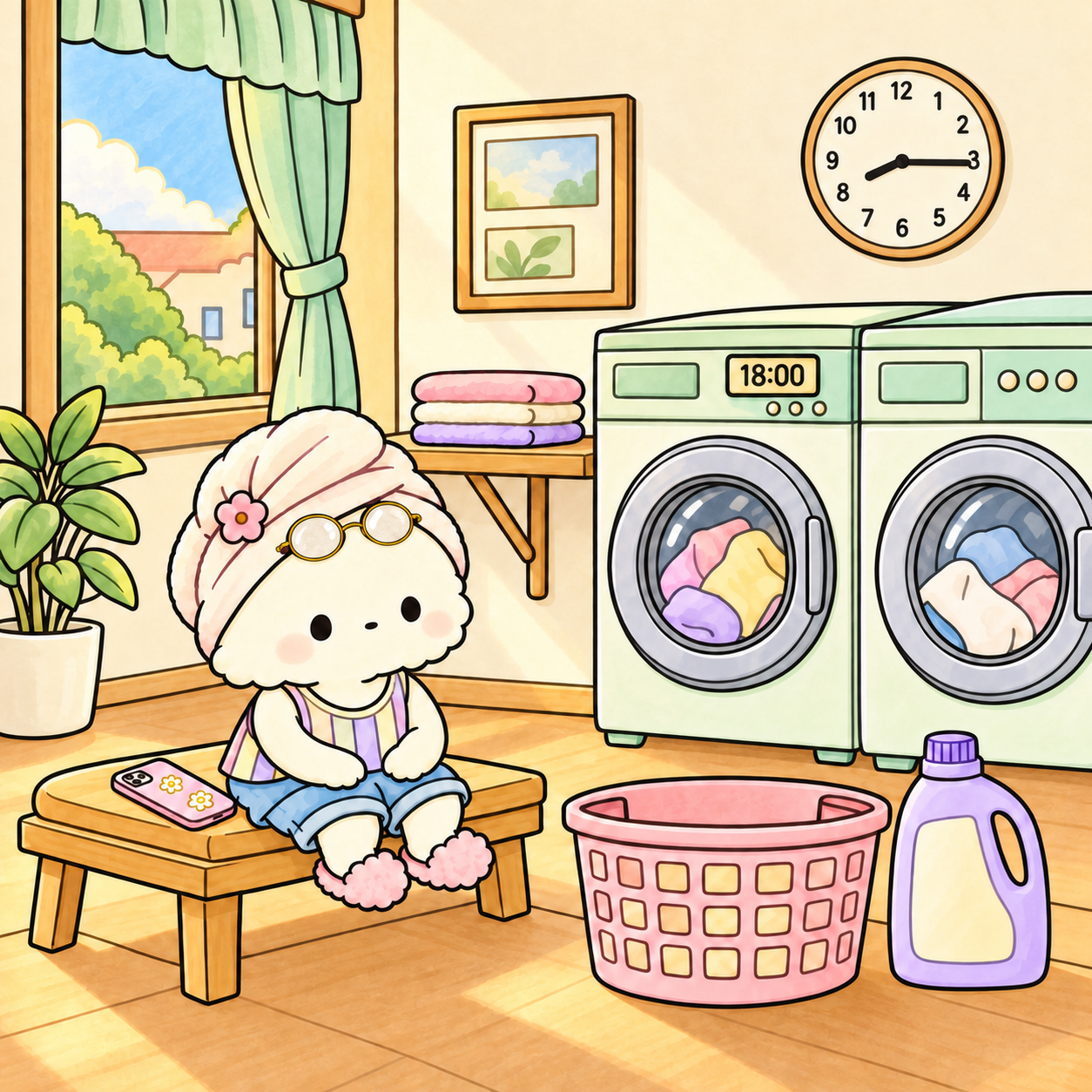 Coloured inspiration: Working Meow Meow waiting in a cozy laundry shop
