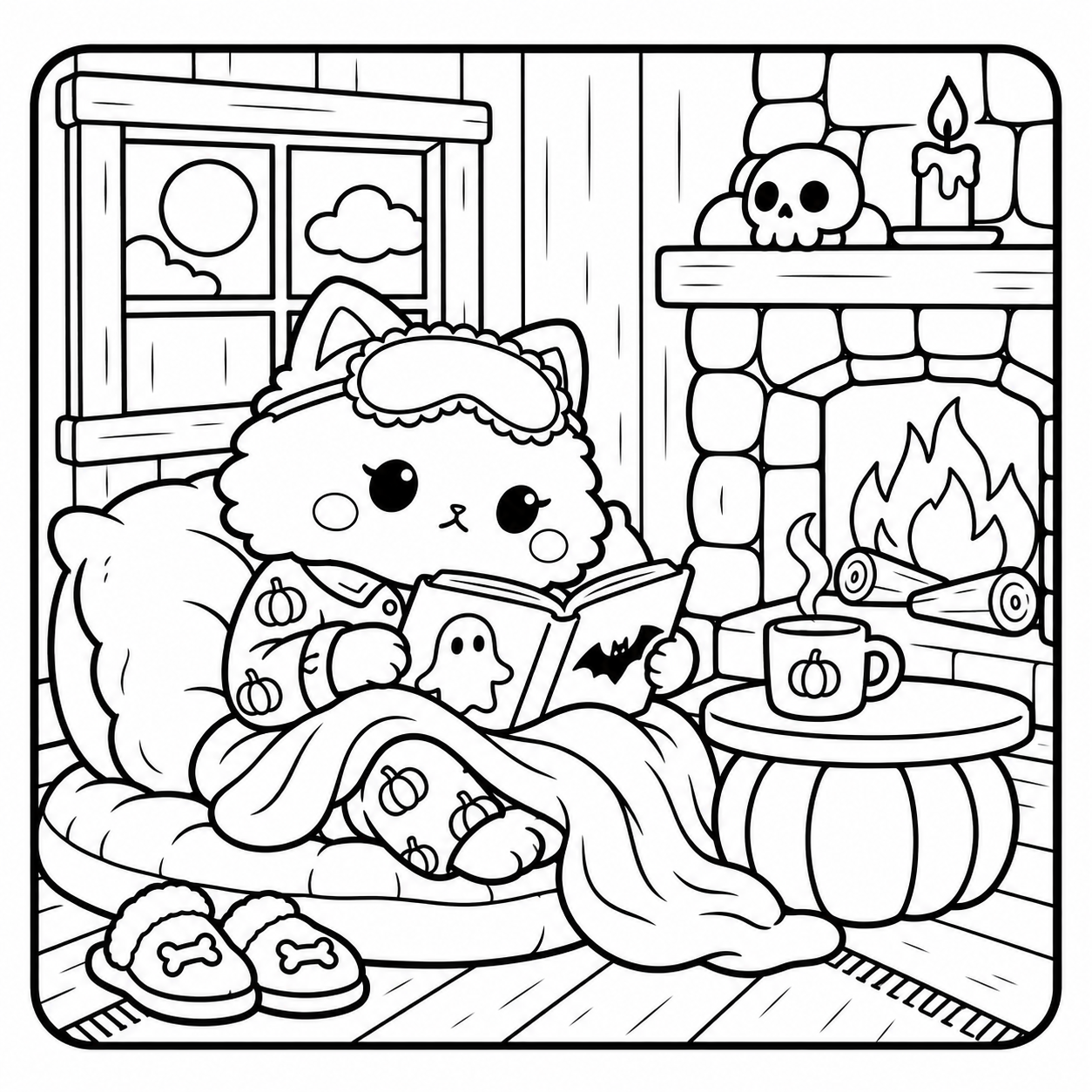 Halloween colouring preview: reading beside the fireplace