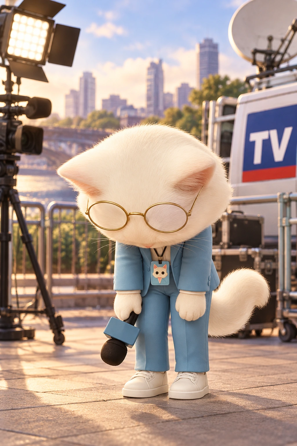 Reporter Cat bows her head, with both hands lowered and her microphone in one hand